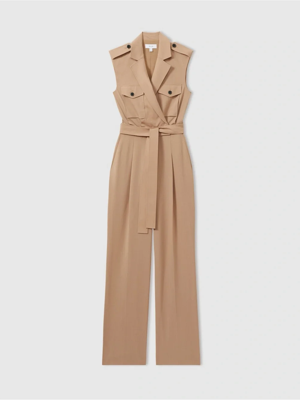 NWT Reiss Sleeveless Belted Jumpsuit in Tan Luisa Size 10 Classic Wrap Front - Picture 2 of 5